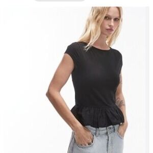 Topshop Black Peplum Top Boat Neck Short Sleeve Jersey Poplin Mix NWT US 0-2 XS